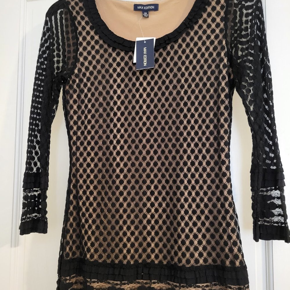 New with tags Max Edition size XS ¾ sleeve Black Sheer Dot Mesh Top